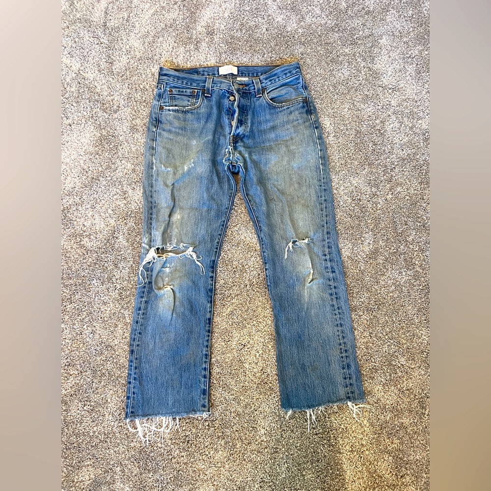 Vintage original button fly 501s with natural distress and raw hem